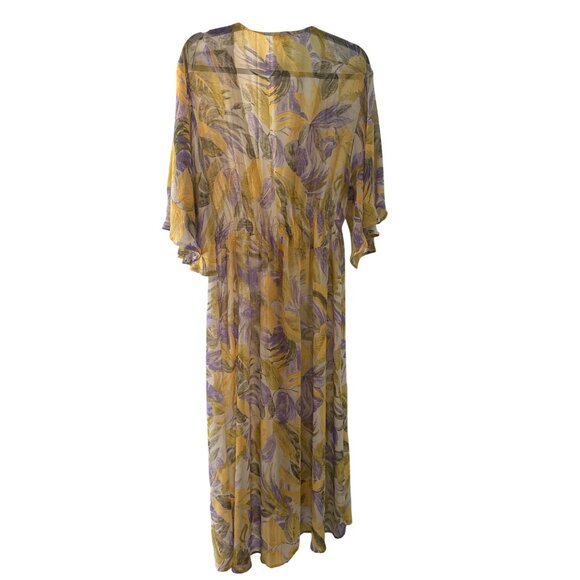 Yellow & Purple Floral Sheer Kimono Cover-Up With Lace Trim Loungewear - Picture 3 of 6